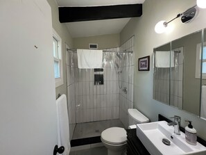 Shower, hair dryer, bidet, towels