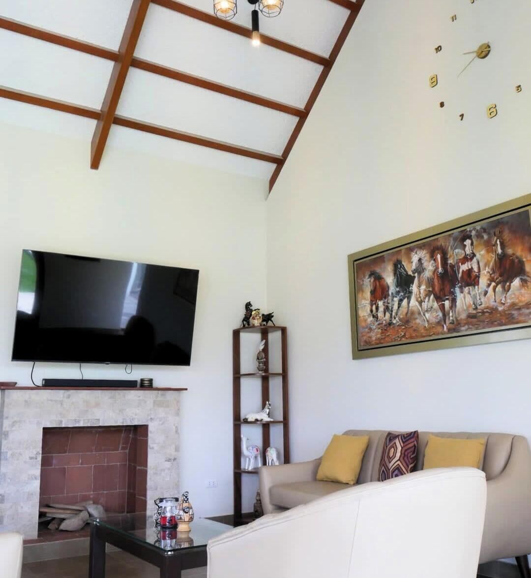 Una sala de estar con televisión de pantalla plana, chimenea, sofá y un cuadro.