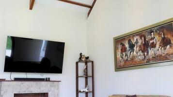 Una sala de estar con televisión de pantalla plana, chimenea, sofá y un cuadro.
