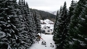 Een besneeuwd landschap met een huis, omringd door hoge altijdgroene bomen.