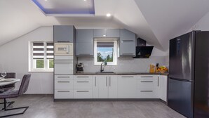 A modern kitchen with grey cabinets, a black refrigerator, and a window with a view of trees. - Villa Izvor with heated pool, rural place (Bribir)