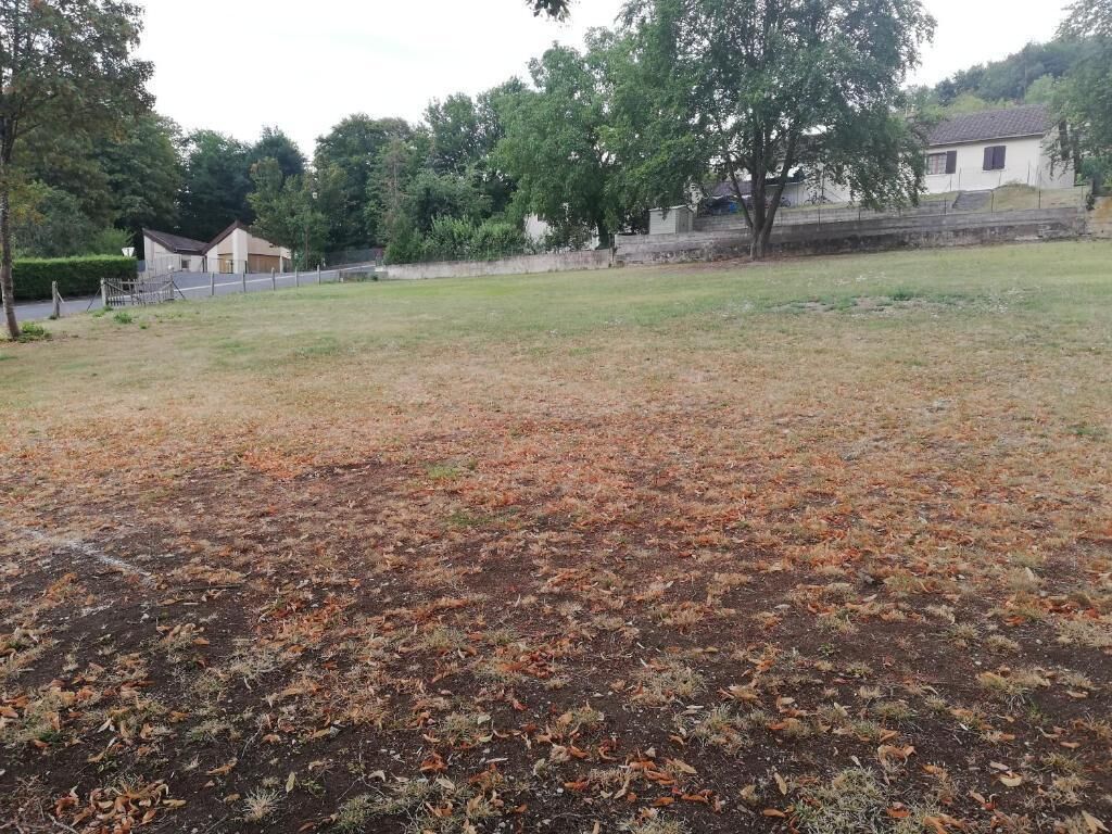 A large open grassy field with a few trees and a building in the background.