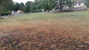 A large open grassy field with a few trees and a building in the background.
