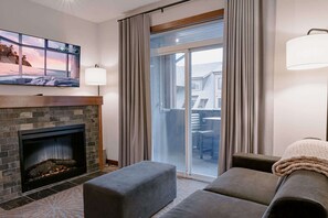 Télévision, cheminée, lecteur de DVD, chaîne hi-fi