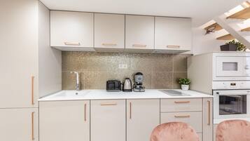 Fridge, microwave, oven, dishwasher