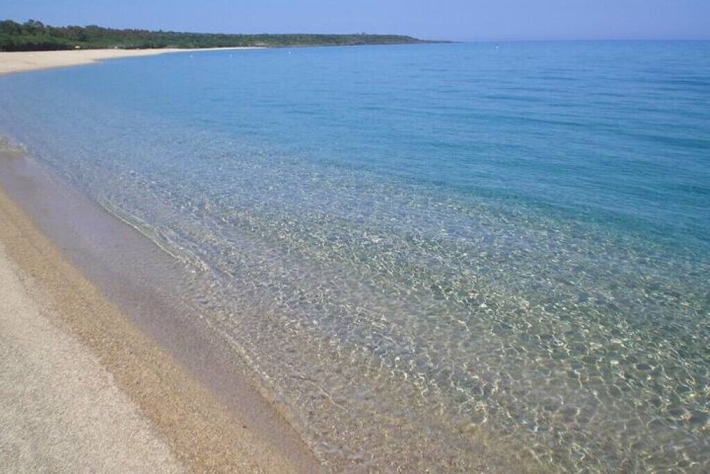 Une plage avec une eau claire et peu profonde et un rivage sablonneux.