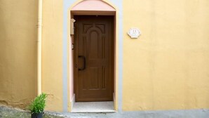 A yellow building with a brown door and a small potted plant beside it.