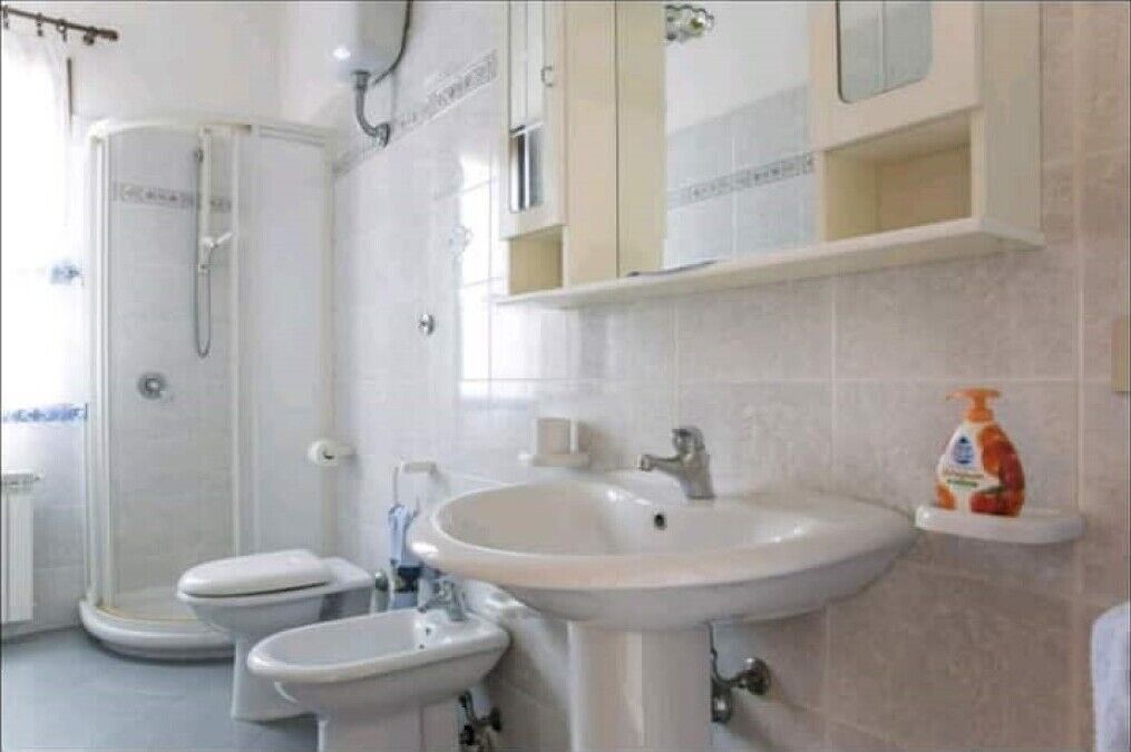 A bathroom with a shower, two toilets, a sink, and a soap dispenser.