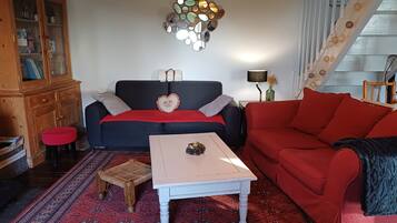 Télévision, cheminée, livres