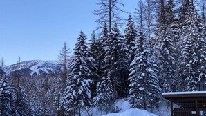 A snow-covered landscape with a cabin and a mountain in the background. - Winter Ski Haven & Summer Mountain Retreat (Whitefish)
