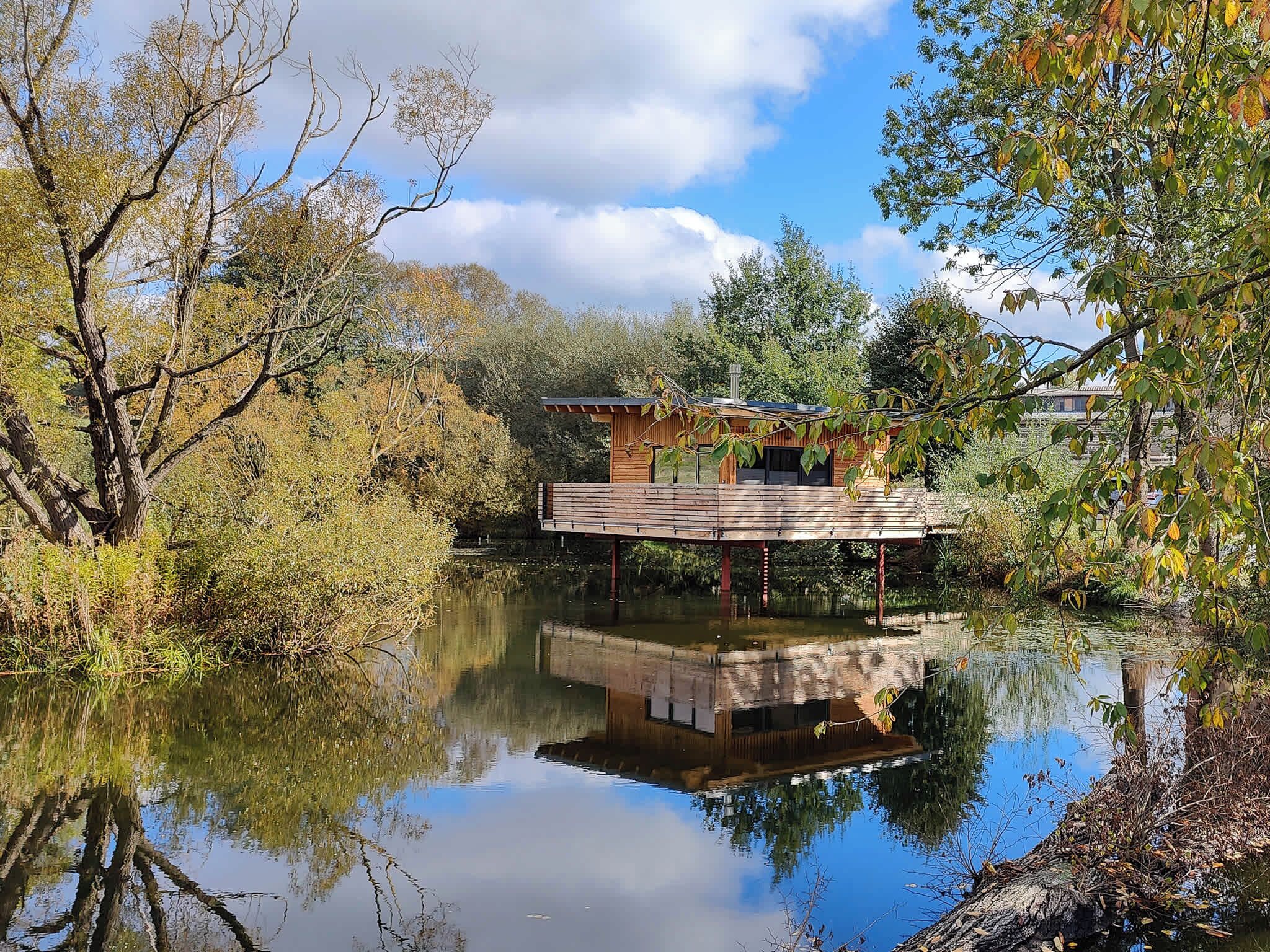 A wooden structure with a deck over water, surrounded by trees and vegetation.