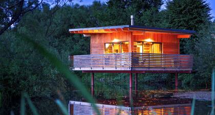 Spectacular tiny house in a pond with terrace and fireplace
