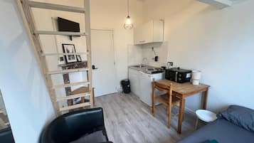 Een compacte leefruimte met een kitchenette, een eethoek, een bank en een ladder naar een slaapverdieping.