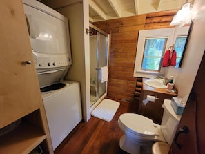 Une petite salle de bain équipée d’un lave-linge, d’une douche et de toilettes.