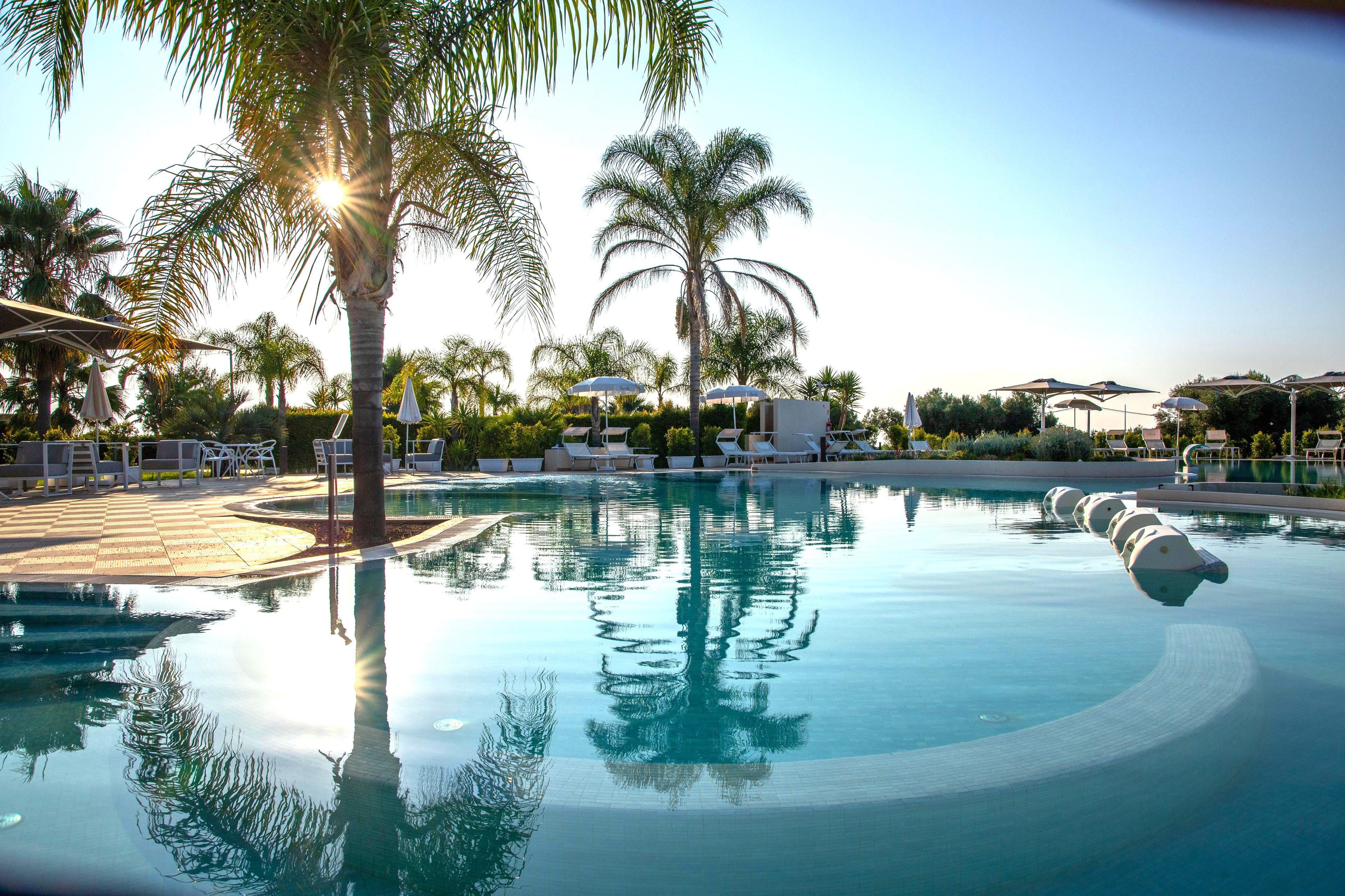 A swimming pool with lounge chairs and palm trees.