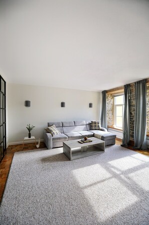 Un salón amplio con un sofá seccional gris, una mesa de centro y una alfombra grande de color gris.
