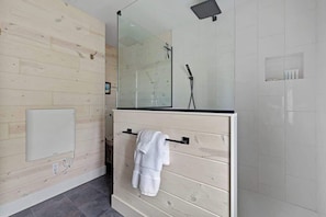 Shower, hair dryer, shampoo