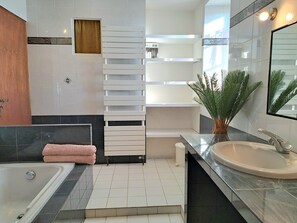 A modern bathroom with a bathtub, a sink, a mirror, and a potted plant. - Maison Périgourdine Restaurée (Beaumontois-en-Périgord)