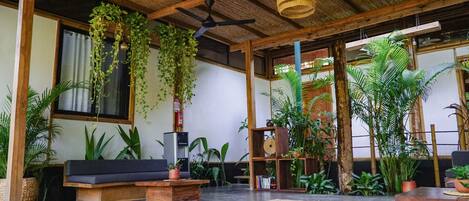 Amplia sala de estar con techo de madera, ventilador de techo y plantas colgantes. Hay un sofá, una mesa de centro y una estantería con libros.