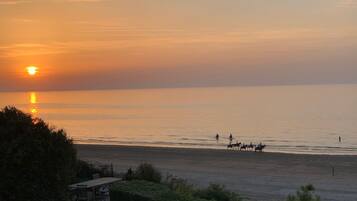 On the beach, sun loungers, beach towels