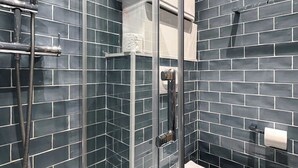 Et stilfuldt badeværelse med en brusekabine med glasvægge, toilet og håndklædestige.