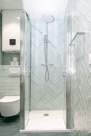 Douche, séchoir à cheveux, serviettes fournies