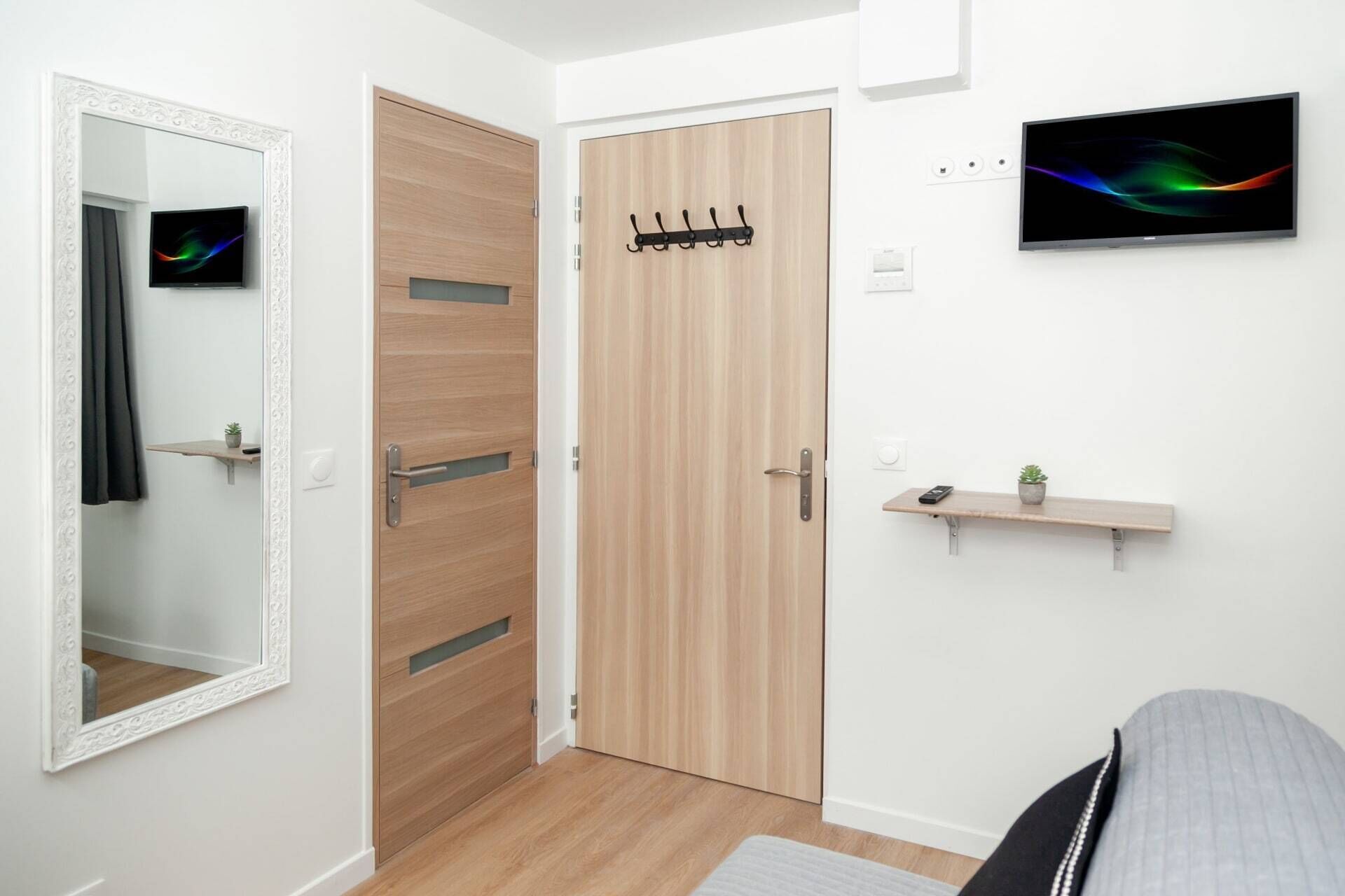 Une chambre moderne avec une porte en bois, un miroir, une télévision et une étagère ornée d’une plante.