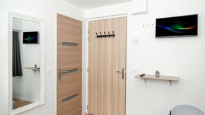 Una habitación moderna con una puerta de madera, un espejo, un televisor y una estantería con una planta.