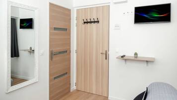 Une chambre moderne avec une porte en bois, un miroir, une télévision et une étagère ornée d’une plante.