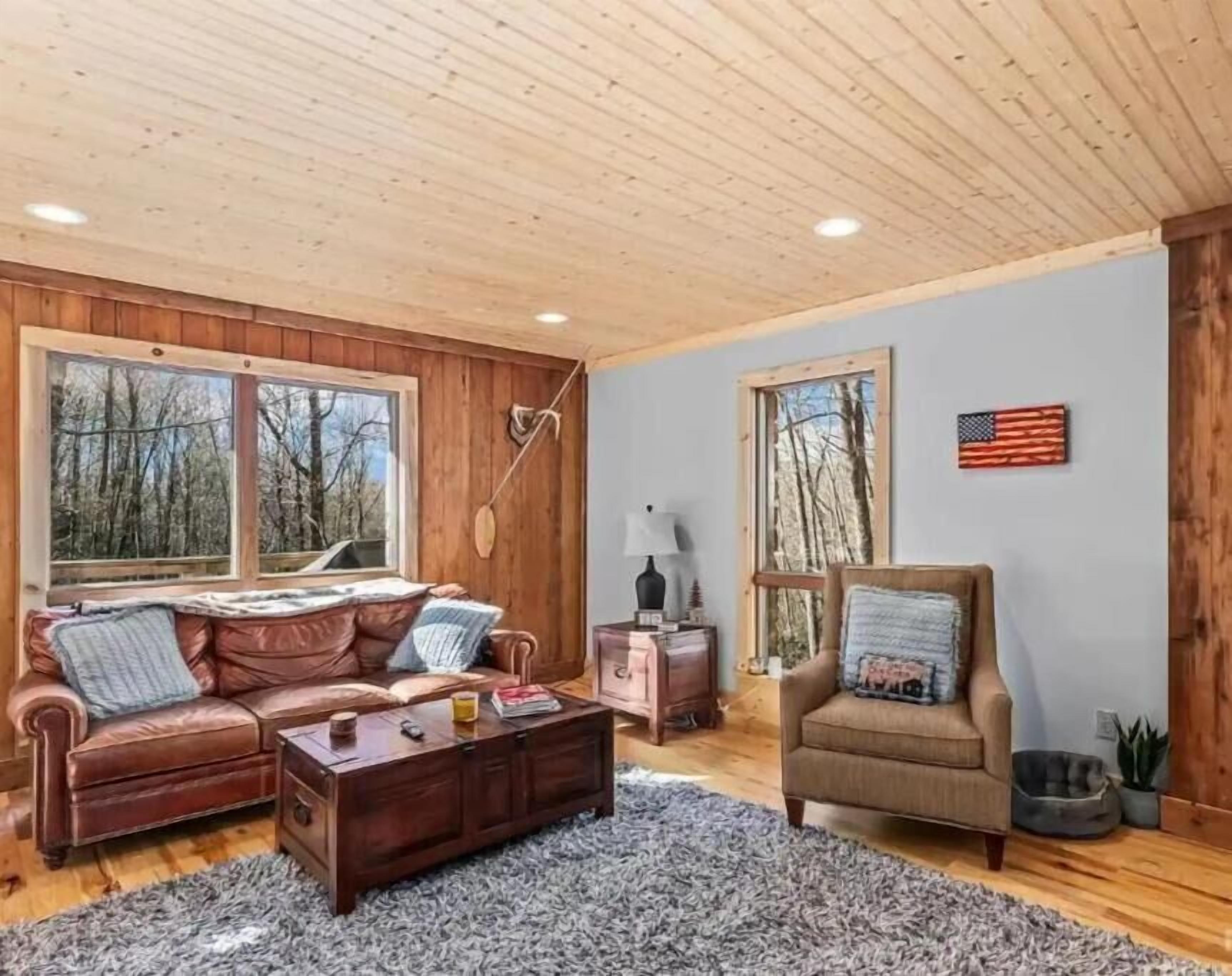 A cozy living room with a leather sofa, a wooden coffee table, and a gray shag rug. There are two windows with a view of trees, a wooden ceiling, and a small American flag on the wall.