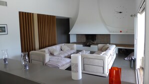 Una sala de estar moderna con un conjunto de sofá, una chimenea y una zona de cocina.