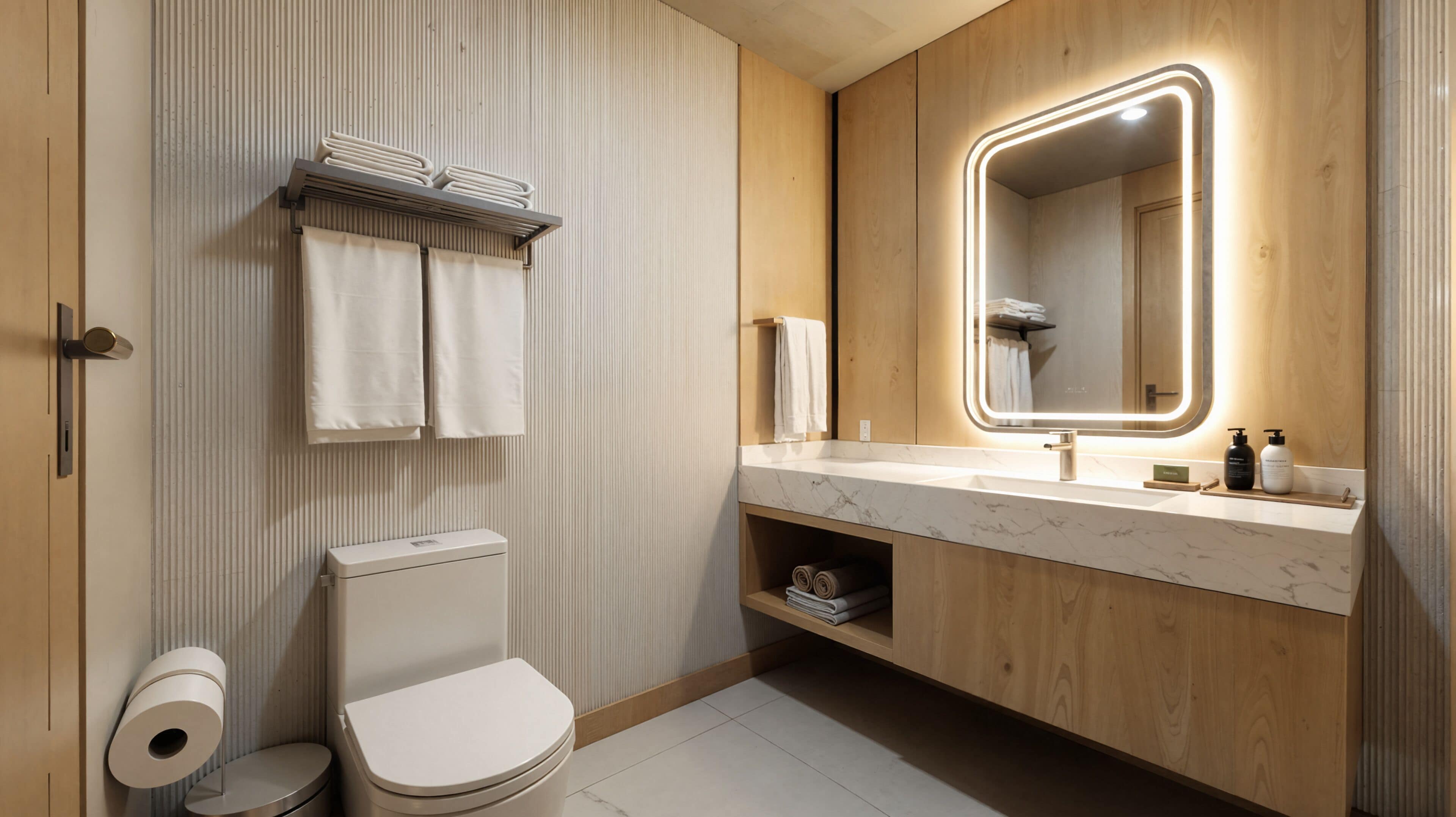 A modern bathroom with a toilet, a sink with a marble countertop, and a mirror with built-in lighting.