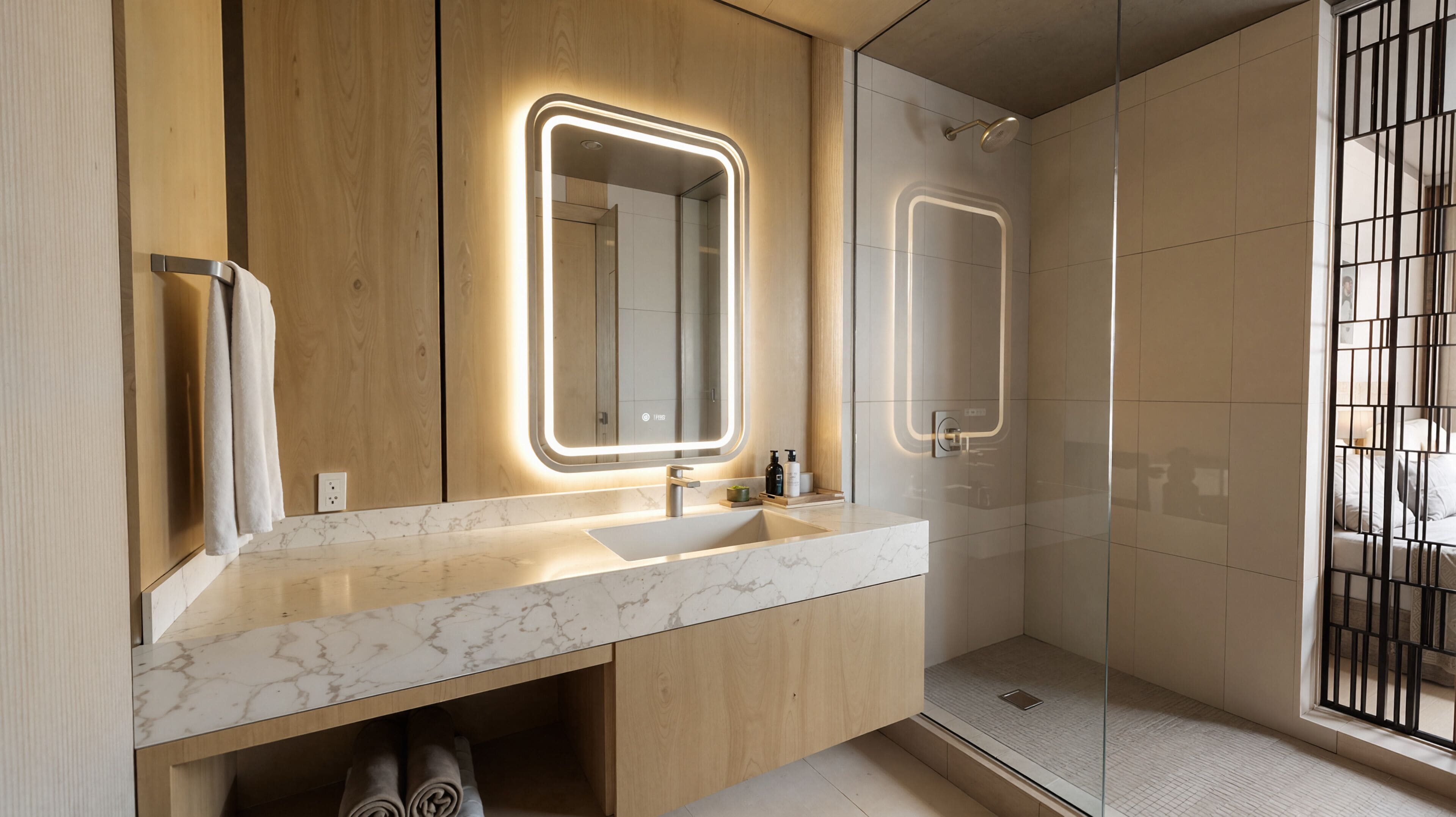 A modern bathroom with a marble sink, wooden vanity, and a glass shower enclosure.