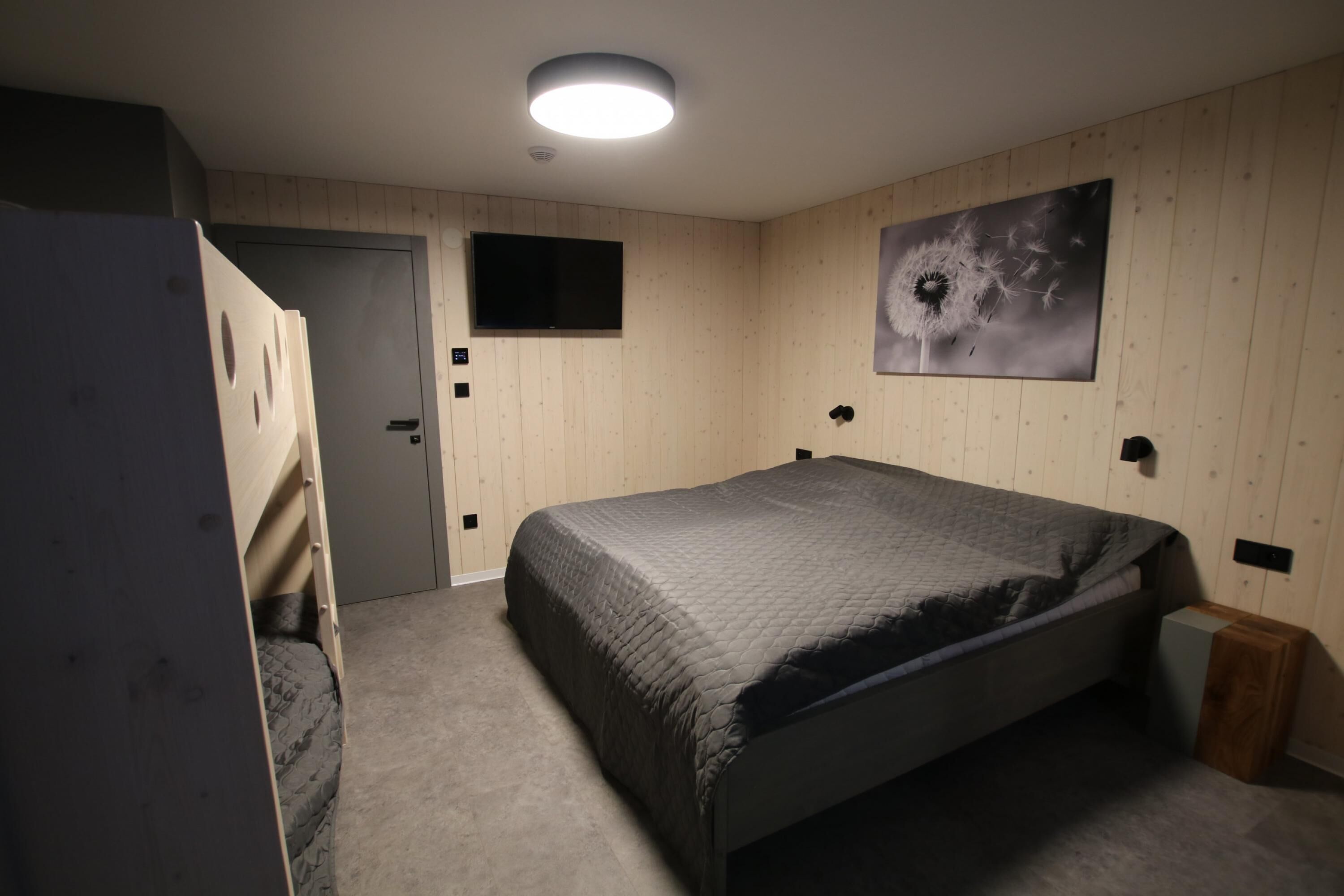A bedroom with a bed, a television, and a dandelion artwork on the wall.