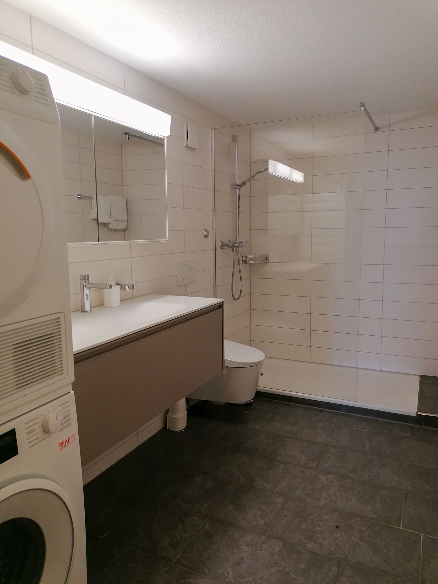 Une salle de bain moderne équipée de toilettes, d’un lavabo et d’une douche.