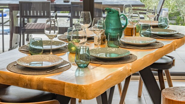A dining table set with plates, glasses, and a green pitcher, overlooking a lush garden.