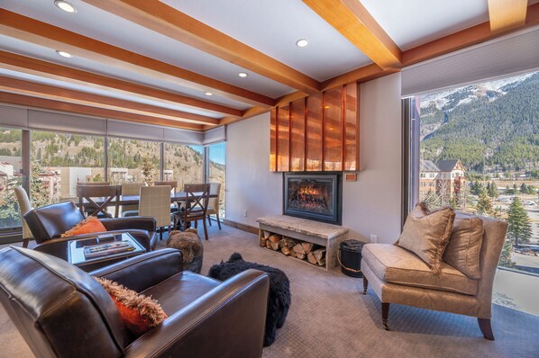 Smart TV, fireplace, books