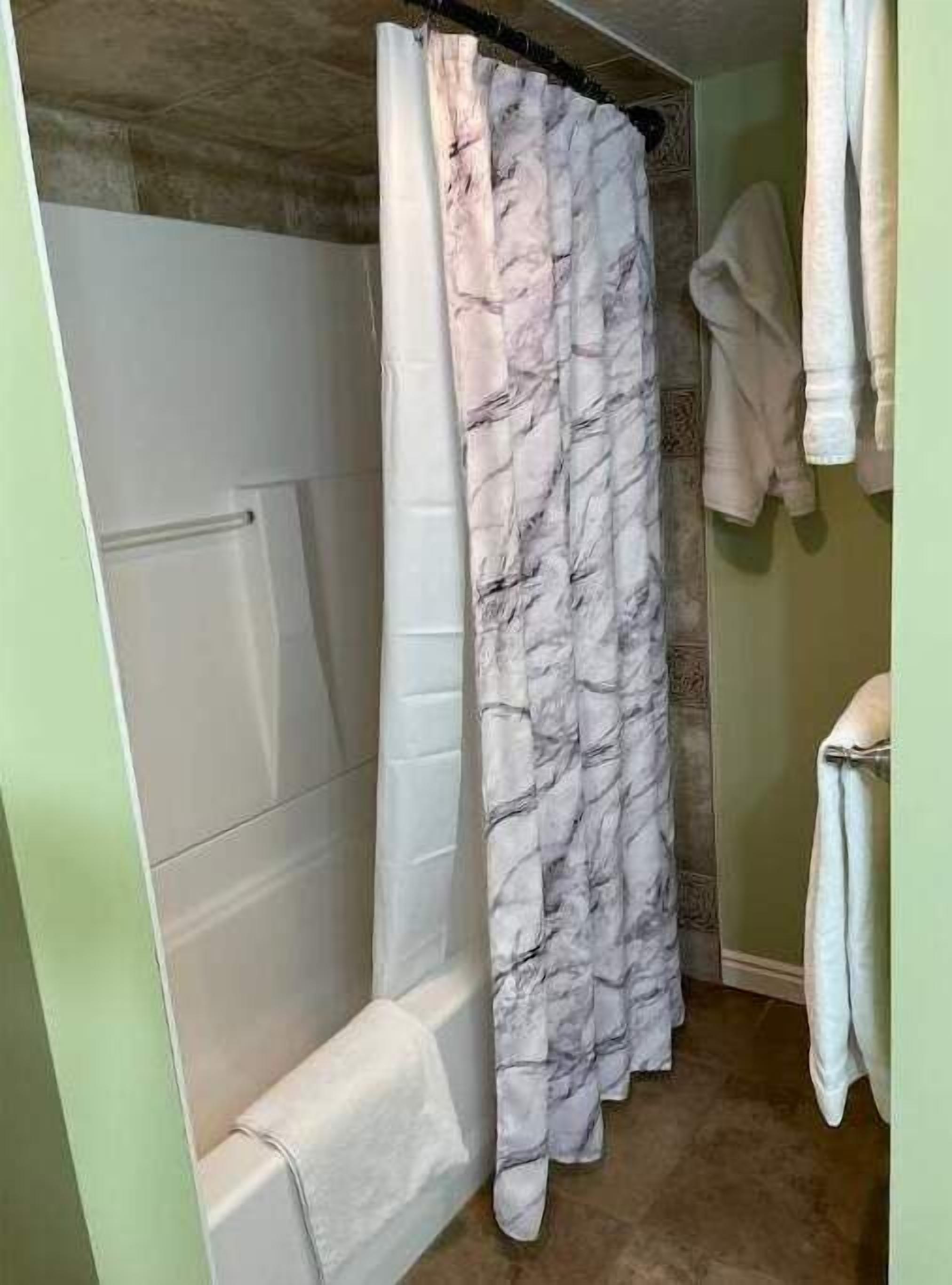 Hair dryer, towels, soap, shampoo