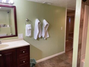 Hair dryer, towels, soap, shampoo