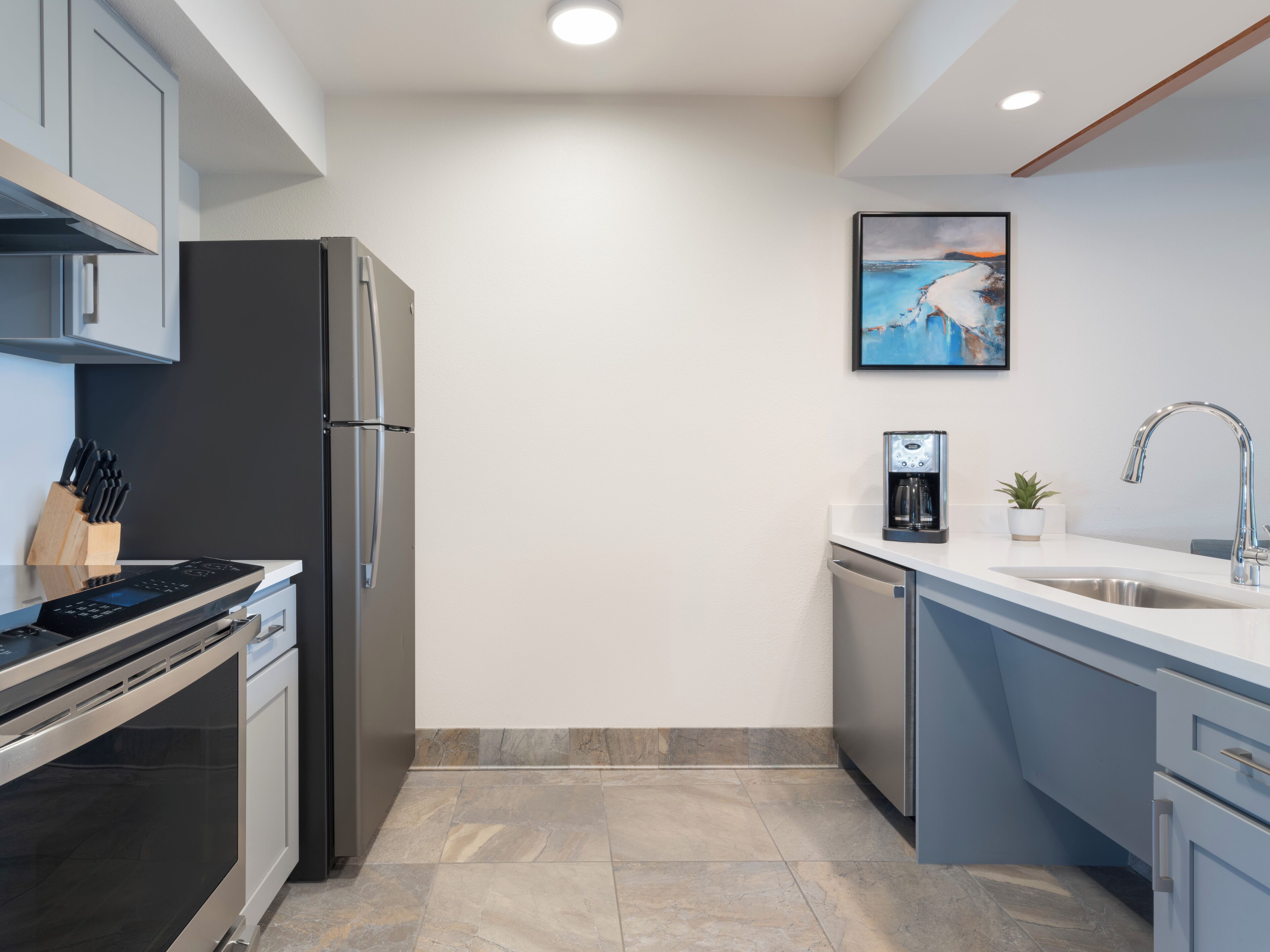A modern kitchen with stainless steel appliances, a dishwasher, and a coffee machine.