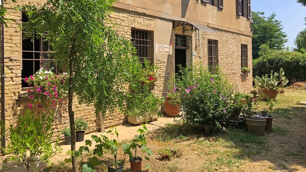 A rustic building with multiple windows, some with shutters, surrounded by potted plants and flowering shrubs. - Affittacamere Ca' da Mazapedar (Lugo)