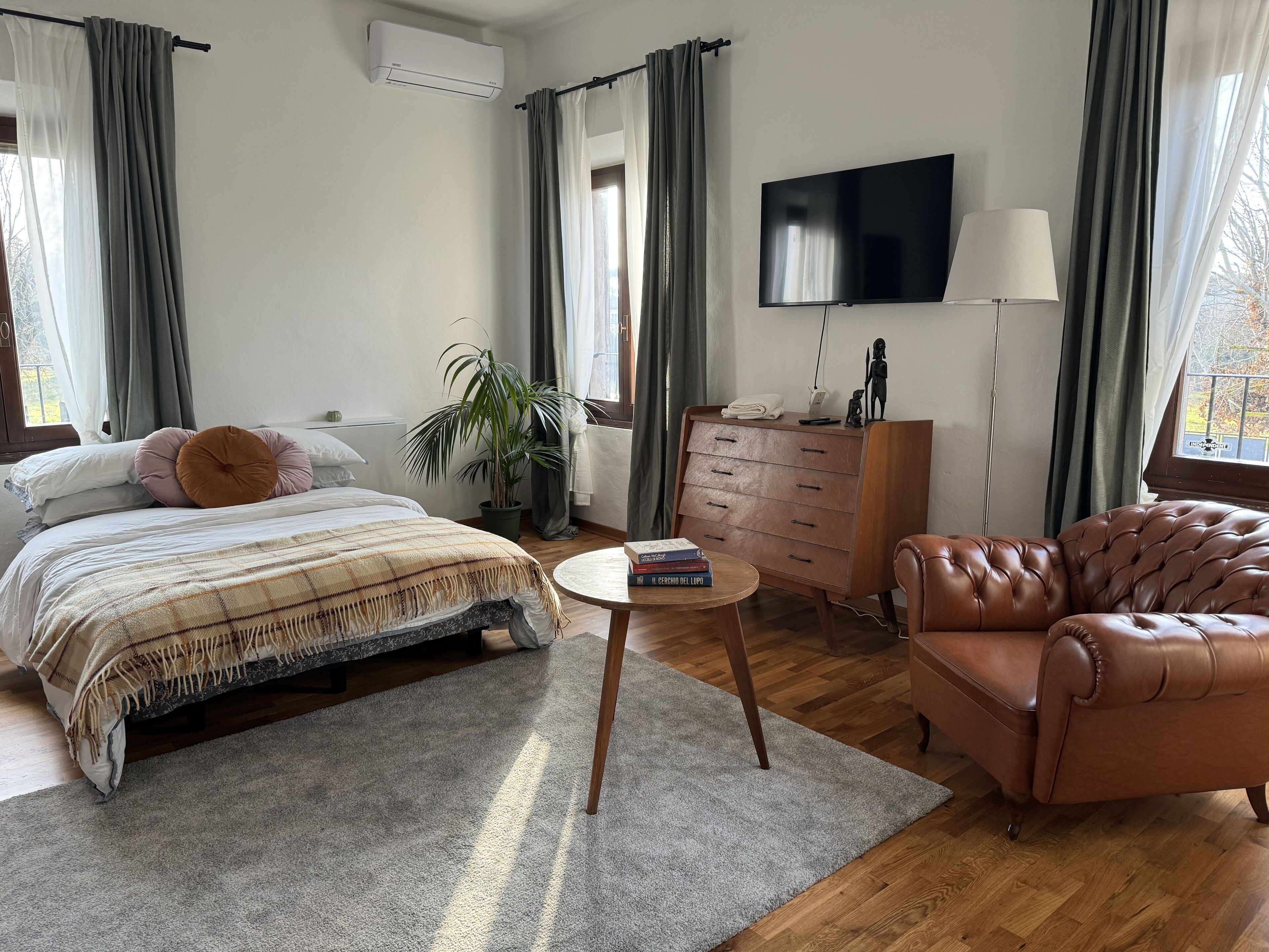 Une chambre à coucher avec un lit, une commode, un fauteuil en cuir, un téléviseur et une plante en pot.