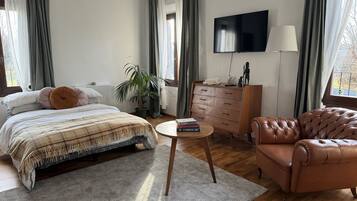 Une chambre à coucher avec un lit, une commode, un fauteuil en cuir, un téléviseur et une plante en pot.