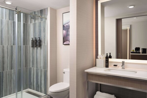 Un baño moderno con ducha acristalada, inodoro y tocador con un espejo grande y lavamanos.