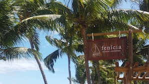 Un sentiero sulla spiaggia fiancheggiato da palme e un cartello di legno con la scritta "fenicia".