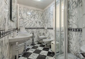 Shower, hair dryer, bidet, towels