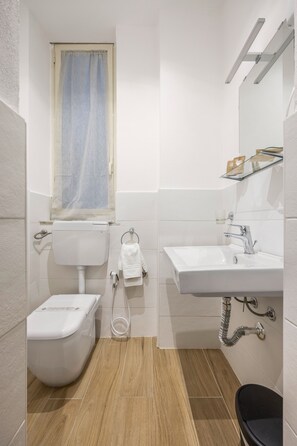 Pieni, moderni kylpyhuone, jossa on wc, pesuallas ja suihku.
