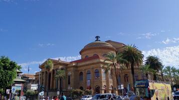 A historic building with classical architecture, including columns and a dome, surrounded by palm trees and busy street activity.