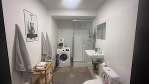 Une petite salle de bain équipée d’un lave-linge, d’une douche, de toilettes et d’un lavabo.