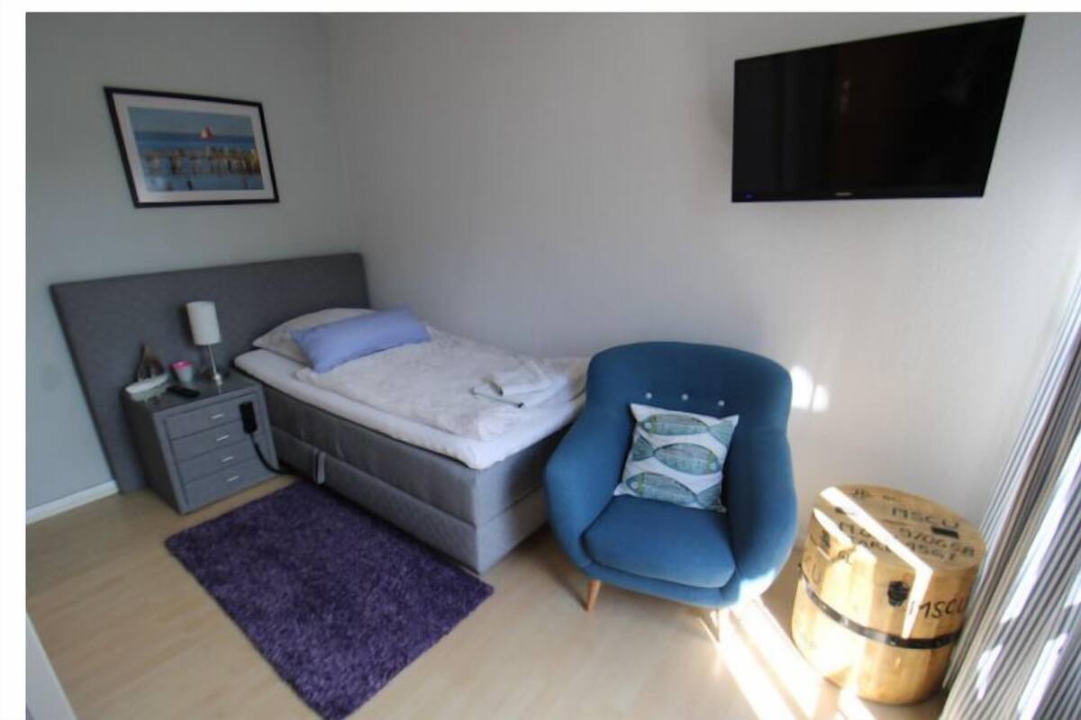 A bedroom with a bed, a chair, a TV, a nightstand, a picture on the wall, and a window with blinds.